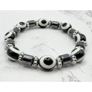 Black White Glass Bead Stretch Bracelet Minimalist Beaded‎ Bracelet